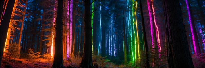 A magical depiction of a forest at night with trees illuminated by vibrant, colorful lights