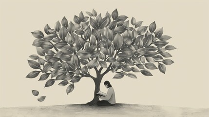 A Person Reading a Bible Under a Tree, with Jesus's Image Appearing in the Leaves, Biblical Illustration of Reflection and Serenity
