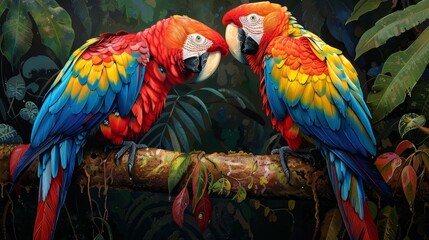 Obraz premium A pair of colorful macaws perched on a tree branch in the Amazon rainforest, their bright plumage blending harmoniously with the lush foliage around them.