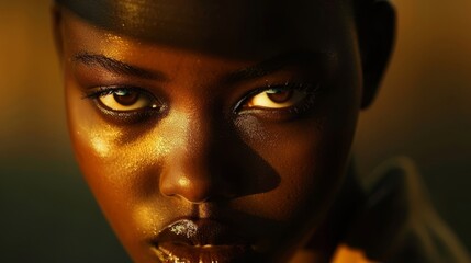 Close-up of a young woman with dark skin, intense gaze, and natural makeup against a dark background.