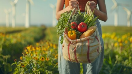 A person holding a reusable cloth bag filled with fresh vegetables, with a background of lush green fields and wind turbines, promoting sustainable and eco-friendly living. - Powered by Adobe