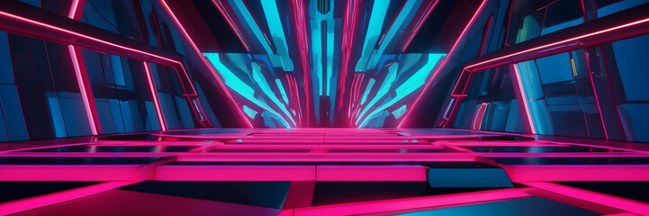 A digital render of a futuristic corridor illuminated by vibrant neon lights in a sci-fi setting, providing a sense of technology and innovation