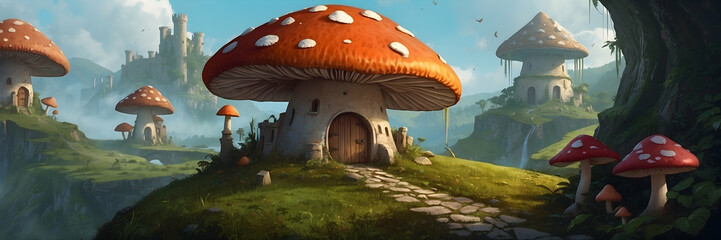 A whimsical illustration showing a mushroom house with other mushrooms and a distant castle in an enchanted forest setting