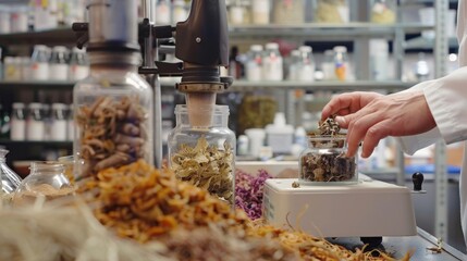 A pharmacist measuring out dried herbs, such as ginseng and valerian root, on a scale, preparing them for compounding into custom herbal formulations.