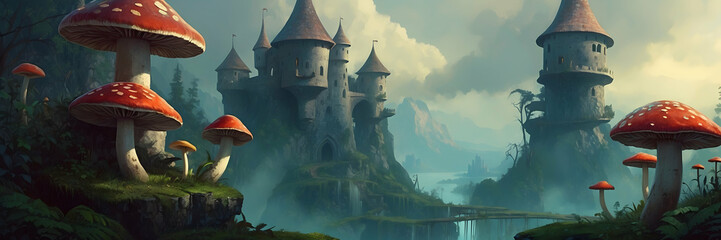 Fantasy landscape of a majestic castle surrounded by natural scenery with gigantic mushrooms in the foreground