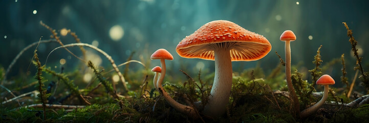 A serene scene of luminous mushrooms set against the twilight ambiance in a mystical forest