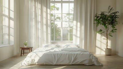 A pristine white room with sunlight streaming in through a large window, casting a soft glow on a neatly made bed and clean, minimalist furniture.