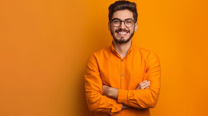 Obraz premium Portrait of young handsome smiling business guy wearing pastel orange shirt and glasses, feeling confident with crossed arms, isolated on color matching background