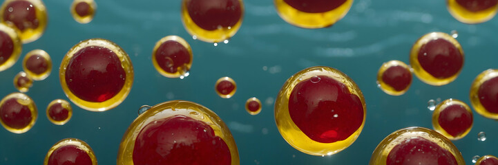 Red and gold colored oil bubbles floating in water, captured in high detail, creates an abstract image