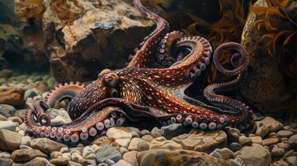 Fototapeta premium Mysterious octopus camouflaging on the seafloor close up, focus on, intrigue, surreal, Oil painting, rocky reef