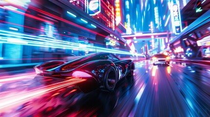 Futuristic car racing through a neon city at night