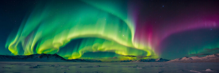 Mesmerizing aurora borealis lights up the night sky over a snowy mountain landscape