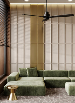 Large green sofa in hotel lounge.  Golden trend details decor accents
