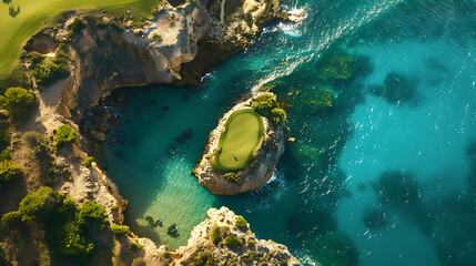Beautiful golf course The fun of sports on green grass amidst the blue sea