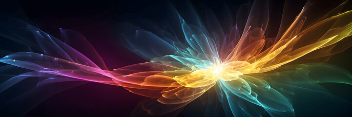 This vibrant image features a dynamic explosion of colors simulating a light burst with a central glow