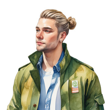Watercolor Painting Illustration Transparent .PNG of Finn LGBTQ+ Compact body Ash blonde hair Man Bun celebrating pride wearing Olive Green Jackets
