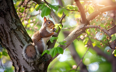 Squirrel Lounging on a Tree in Spring Eating a Nut.Squirrel Enjoying a Spring Snack on a Tree
Relaxed Squirrel Munching on a Nut in Spring