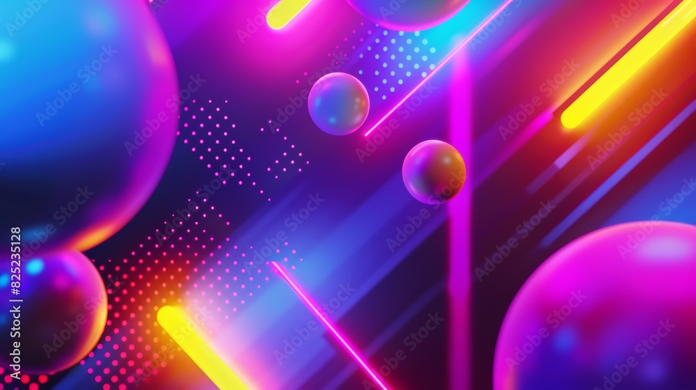 Poster minimalist abstract background with vibrant neon colors and geometric shapes, reminiscent of 80s ret