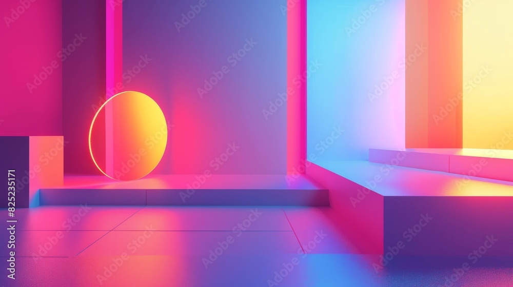 Poster minimalist abstract background with vibrant neon colors and geometric shapes, reminiscent of 80s ret
