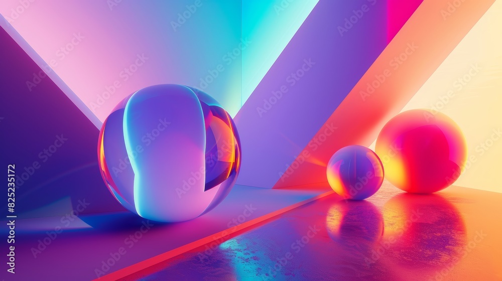 Poster minimalist abstract background with vibrant neon colors and geometric shapes, reminiscent of 80s ret