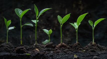 A time-lapse image series showing a plant's growth from a seedling to a mature plant, highlighting the role of carbon dioxide absorption and oxygen release.
