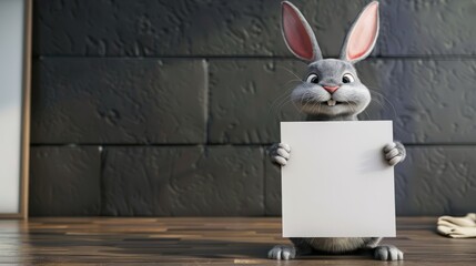 A rabbit holds an empty poster to place an advertisement.