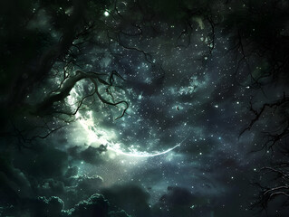 Ethereal Night Sky with Crescent Moon and Stars Over Enchanted Silhouette Trees and Mystical Nebula Under Soft Moonlit Clouds in Deep Green and Blue Fantasy Landscape