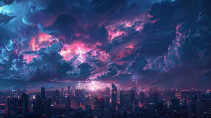 Dark storm clouds gathering over a city skyline, with lightning bolts illuminating the sky, indicating an approaching severe weather event.