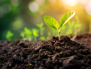 Close-Up of Young Green Plant Sprouting from Rich Soil in Warm Sunlight with Bokeh Effect Background - Symbolizing New Beginnings, Growth, Agriculture, Sustainability, and Environmental Conservation - Powered by Adobe