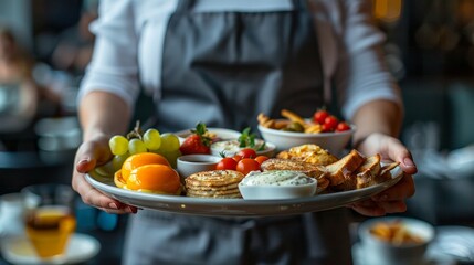 Close-up of a server holding a large tray filled with a variety of breakfast foods including pancakes, fruits, and eggs, ready to be served in a restaurant.