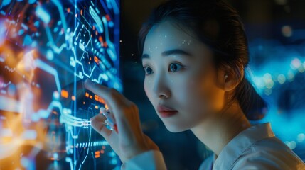 A focused corporate Asian woman collaborating with her team members on a project, with innovative technology and digital tools enhancing productivity.