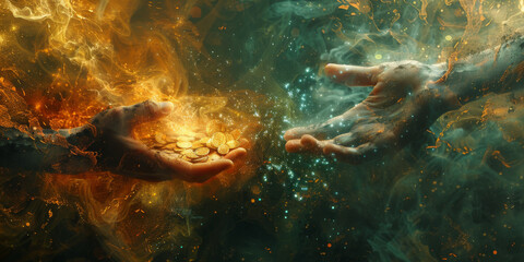 Two hands are reaching out to each other in a painting