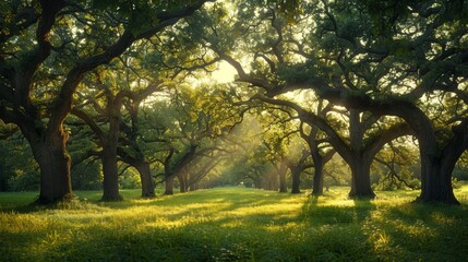 Tall, majestic oak trees standing in a lush green forest, their branches reaching up towards the sky, with sunlight filtering through the leaves.