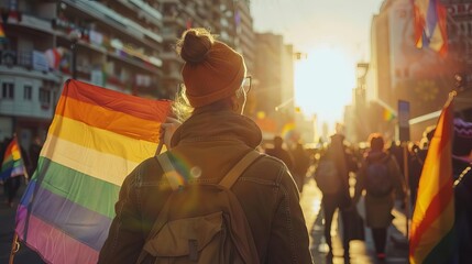 Obraz premium The image shows a person with a backpack, probably a young woman, at a Pride parade, surrounded by other people and holding a rainbow flag