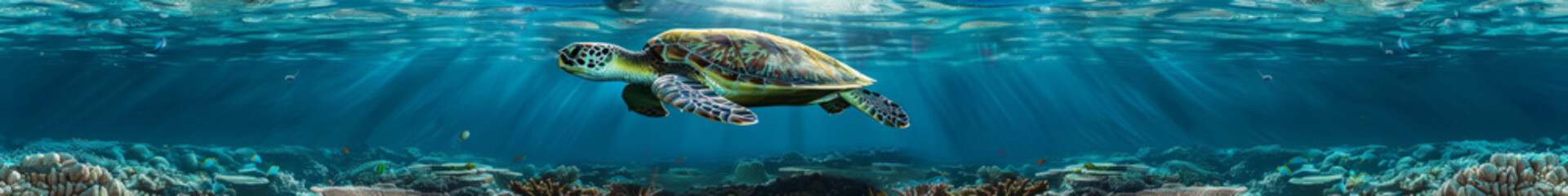 Majestic Sea Turtle Gliding in Clear Blue Ocean Over Coral Reef