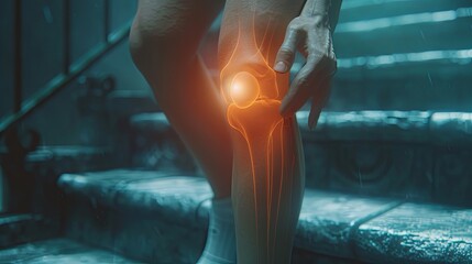  3D X-ray rendering of the knee joint, showing a hand pressing on the pain point