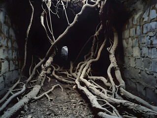 Eerie Abandoned Tunnel Engulfed by Sprawling Tree Roots with Ancient Stone Walls and Mysterious Distant Light Source Atmospheric and Haunting Scene