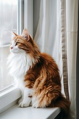 A cat with long fur sits on a windowsill looking out the window