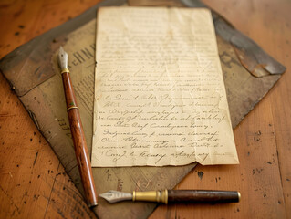 Antique Writing Scene: Handwritten Letter on Aged Paper with Vintage Map and Fountain Pens on...