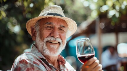 A man in a straw hat is smiling and holding a glass of red wine