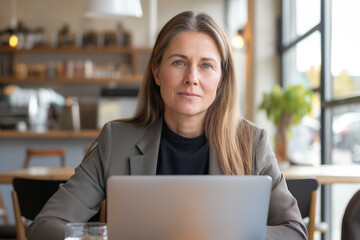 Professional businesswoman in modern office working on laptop, smiling confidently, bright and open workspace.