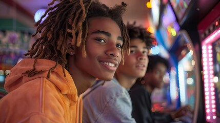 Two teenage boys smile while playing video games in an arcade.