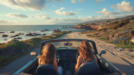 Two young women are driving in a convertible along the coast