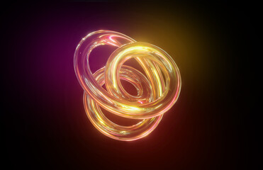 3d render. Tangled yellow glass tube, reflecting neon light and glowing in the dark. Simple geometric object isolated on black background. Aesthetic holographic shape