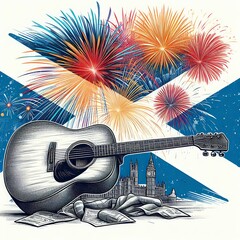 Guitar against firework, Scottish landmarks, vector flat style