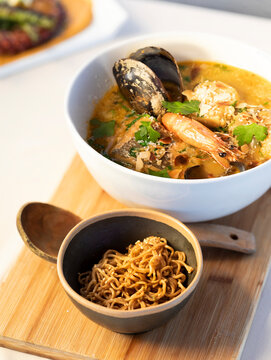 Spicy soup and noodles in a restaurant