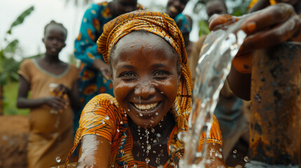 A woman is smiling while pouring water from a tap