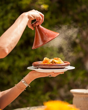 Steaming lamb tajine dish