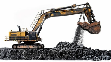 a giant CAT mining escavator dropping a pile of rocks, isolated on a white background