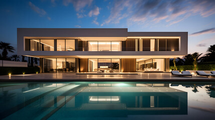 Fototapeta premium Upscale Modern Mansion with Pool at Dusk